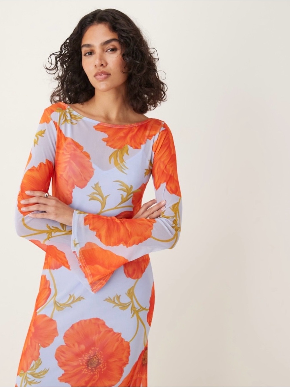 Never Fully Dressed Long Sleeve Dress in Light Blue with Orange Poppy Print - Picture 2 of 5